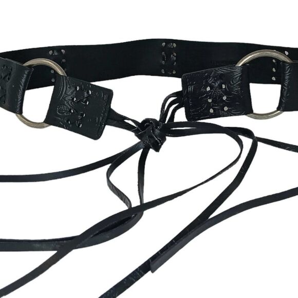 Black Leather Boho Belt Fringe Tassel Silver Metal Rings - Picture 3 of 10